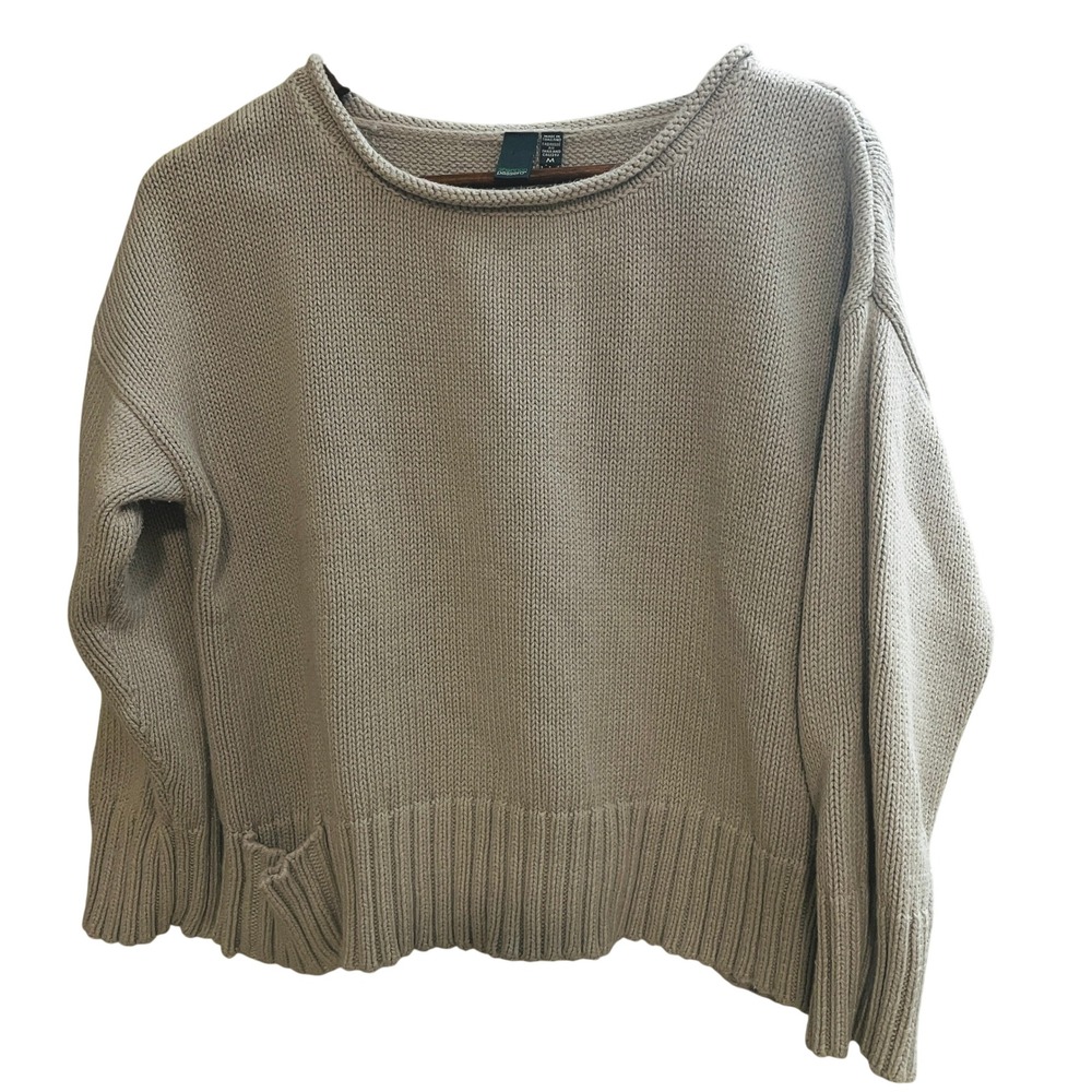 Womens Coastal Minimalist Chunky Roll Neck Knit Cotton Sweater M Beige Fisherman